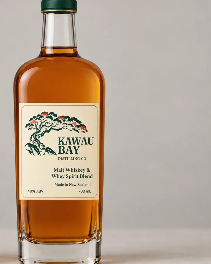 Kawau Bay Malt Whiskey and Whey Spirit Blend, cream label bottle